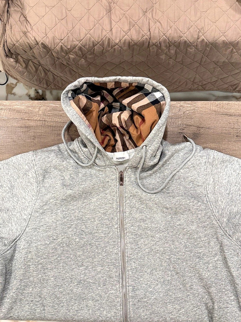 Burberry Check Hood Cotton Zip Hoodie Hooded Zip Jacket in Gray & Brown Like New